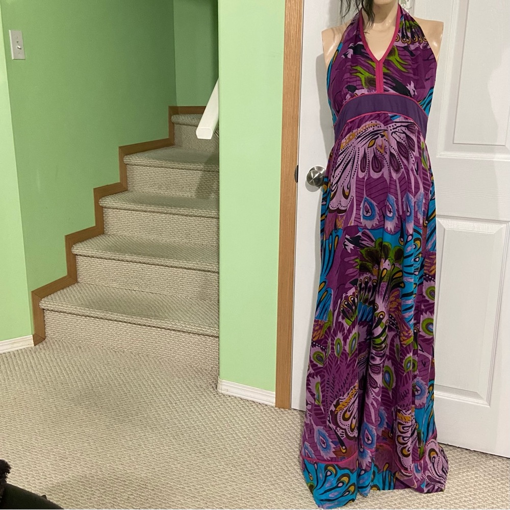 by shuna women purple floral 100% cotton lined halter maxi dress. Size M. Used.